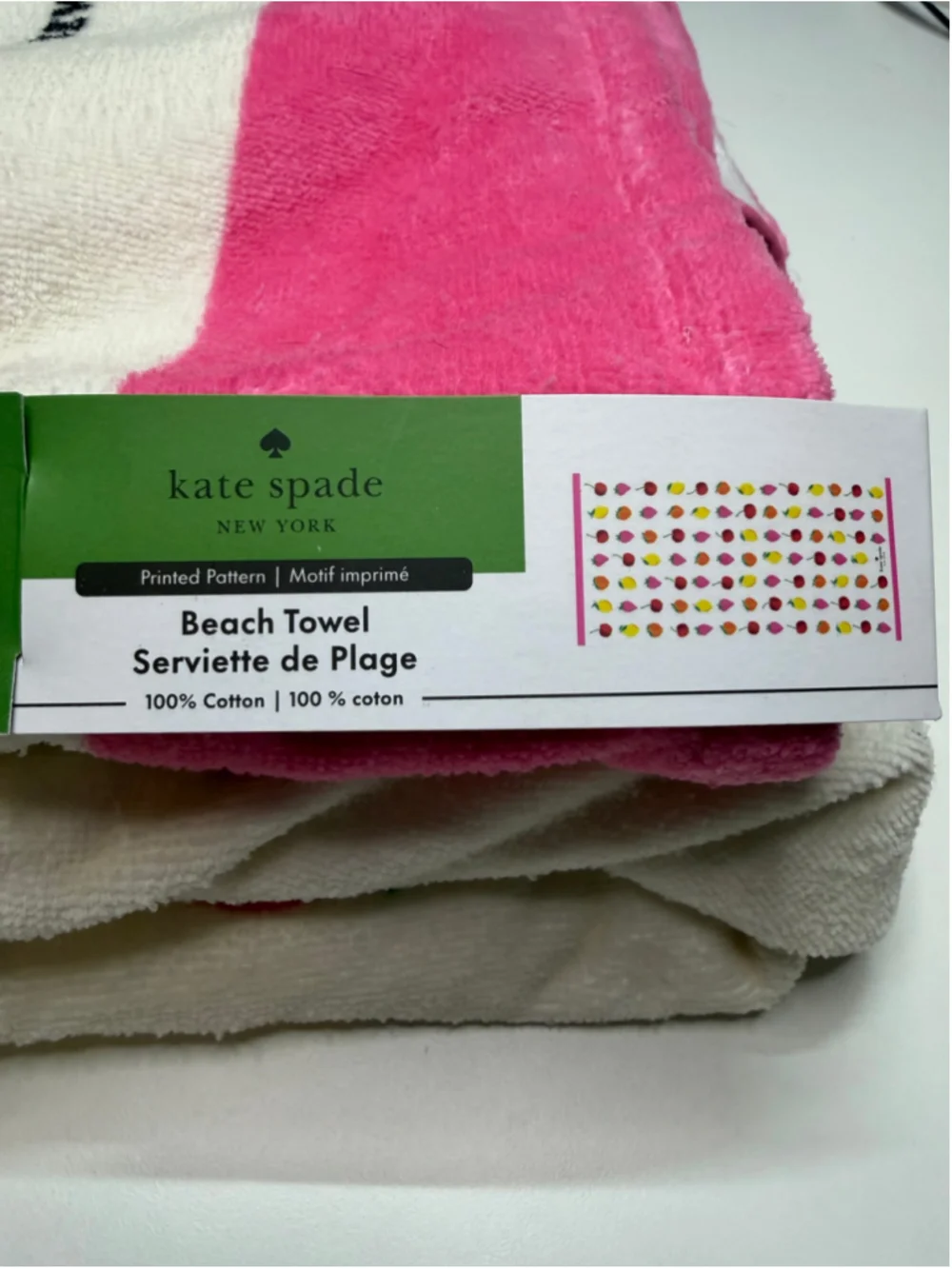 Kate Spade Beach Towel One Size White Pink Fruit Print Cotton